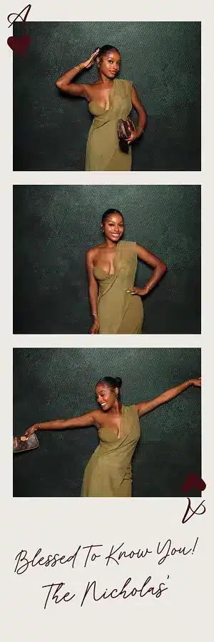 Wedding guest in an olive green dress strikes three elegant poses in a Glam Photo Booth strip.