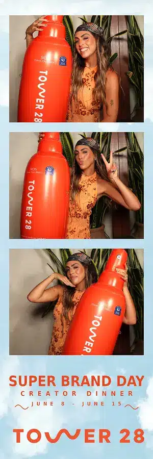 Guest poses with an oversized Tower 28 product prop in a three-frame Glam Photo Booth strip.